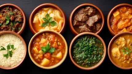 Traditional assorted ethnic dishes presented in brown ceramic plates arranged on dark table with vibrant colors in high resolution food presentation image
