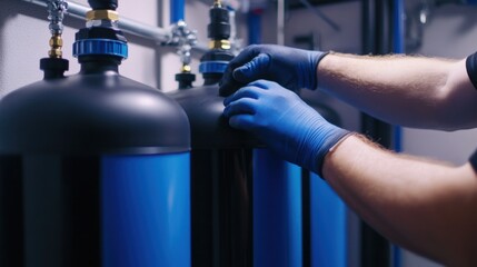 Plumber installing water softener. Featuring plumbing and water treatment solutions