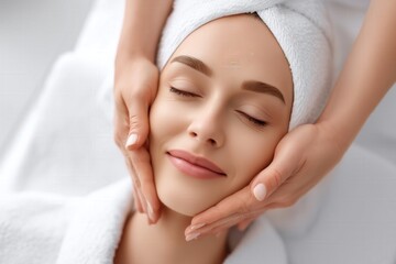 Woman getting face massage at spa. beauty treatment, relaxation and skincare therapy