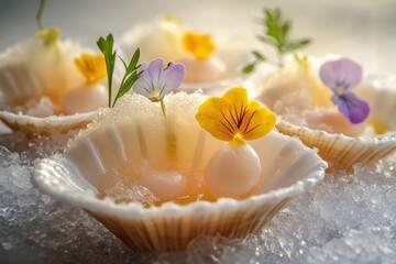 The shells are arranged on crushed ice, accompanied by thin slices of lemon and edible flowers, showcasing freshness and elegance in the setting