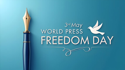 May 3rd World Press Freedom Day Concept: Elegant fountain pen symbolizing journalism and free speech against a vibrant blue backdrop with a dove of peace. Ideal for illustrating news, media ethics.