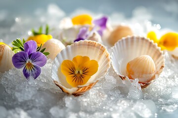 The shells arranged on crushed ice with lemon slices and edible flowers, offering a fresh and elegant presentation of oceanic delicacies
