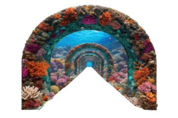 Underwater corridor surrounded by vibrant coral reefs and tropical fish in a captivating marine landscape