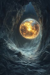Mystical cave illuminated by a floating sphere of radiant energy