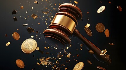 Judge's gavel and coins symbolizing financial sanctions. Cryptocurrency gold coins, blockchain legal regulation and digital finance concepts.