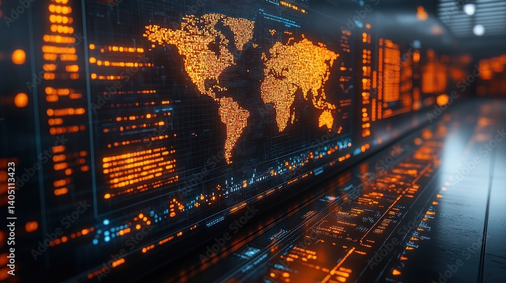 Poster global network data visualization: futuristic orange and blue digital world map display