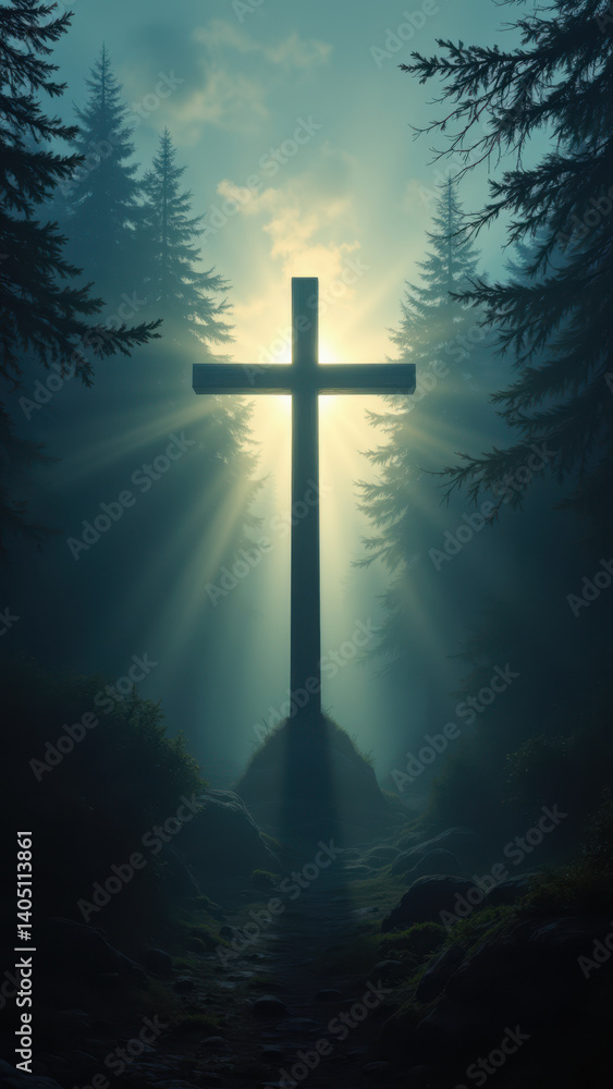 Poster a silhouette of a cross with a ray of sunlight shining through on a path surrounded by evergreen tre