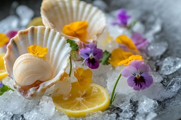 The shells arranged on crushed ice with lemon slices and edible flowers, offering a fresh and elegant presentation of oceanic delicacies