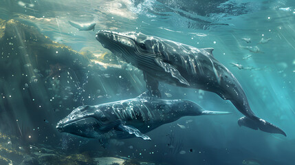 Fototapeta premium A Glimpse of Giants: Whales in Crystal Waters