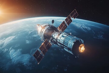 Obraz premium Orbital space station positioned above the Earth.