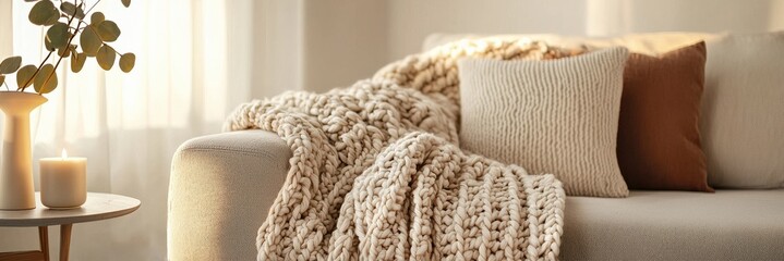 A cozy scene with a chunky knit blanket draped over a couch