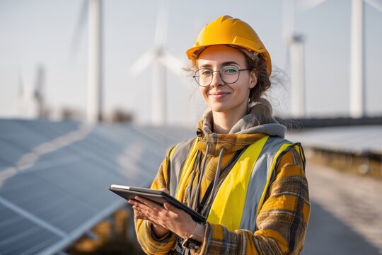 Junge Ingenieurin mit Tablet auf Solar- und Windkraftanlage

