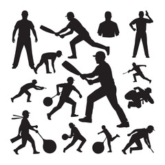 Cricket player icon set vector illustrations black and white stock photos silhouette White Background.
