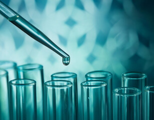 Glass pipette dripping fluid into test tube. Laboratory experiments and scientific research.