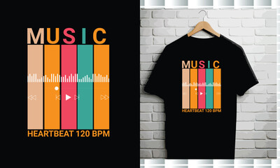 Music Typography T-Shirt Design with Colorful Bars and Waveform – Heartbeat 120 BPM