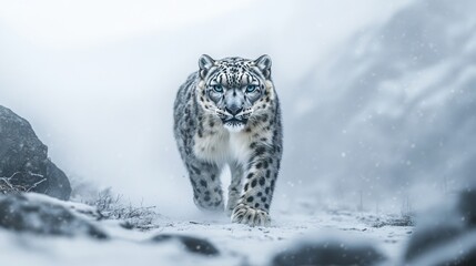 Obraz premium Majestic snow leopard strides through a snowy mountain landscape.