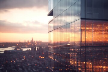 Modern skyscraper reflects city lights at sunset.