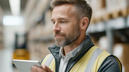 Fototapeta premium Lagerarbeiter mit Tablet prüft Bestände im Warenlager