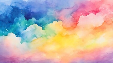 Colorful watercolor clouds with dreamy pastel rainbow hues on soft sky image
