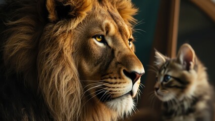 Fototapeta premium A close-up depiction of a majestic lion with a voluminous mane meeting a curious kitten face-to-face. The tender contrast between strength and innocence emphasizes the captivating interaction.