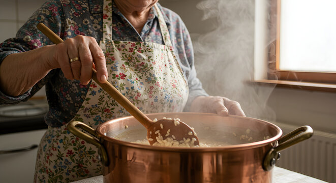 Grandmother Prepares Traditional Risotto at Home, Cozy Kitchen Atmosphere