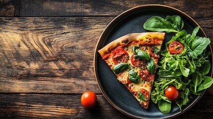 Top-down view of a rustic wooden table with a delicious slice of pizza topped with fresh herbs, alongside a plate of vibrant green salad leaves, creating an inviting menu concept with space for text