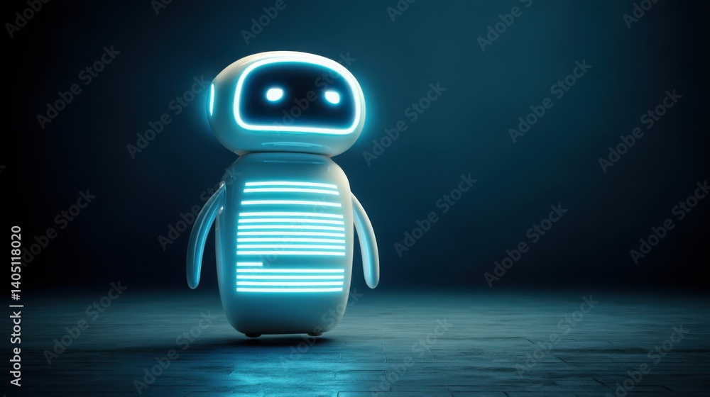 Poster robot standing in the dark with chatbot glow above indicating active engagement and assistance in te