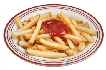 Top-down view of American French fries with ketchup on a plate, creating a warm and appetizing atmosphere with ample copy space