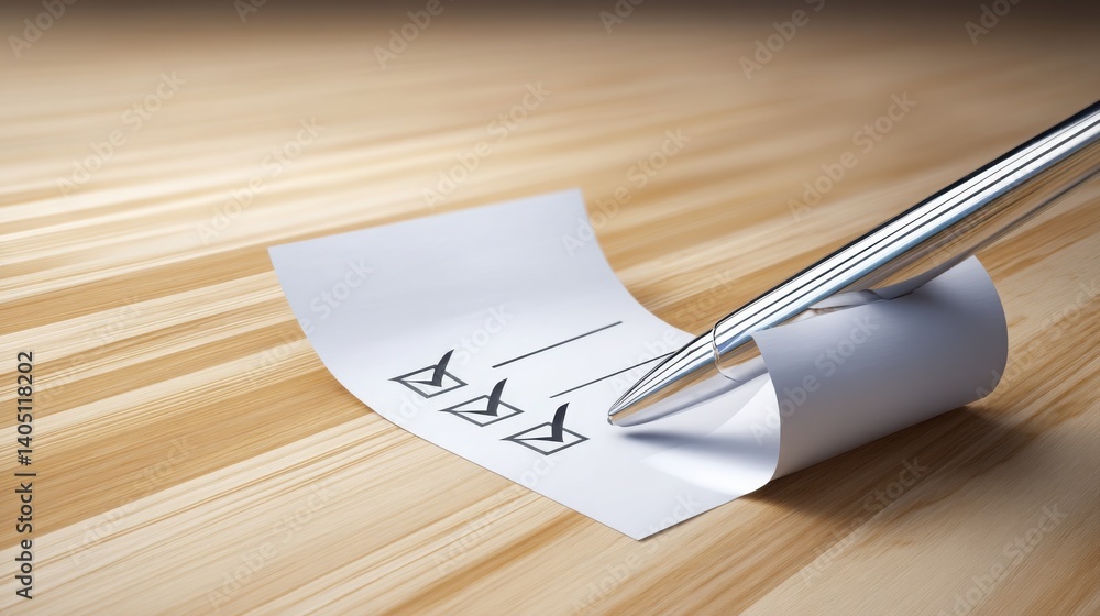 Poster elegant pen resting on a simple piece of paper signifying intentions with a checklist transforming i