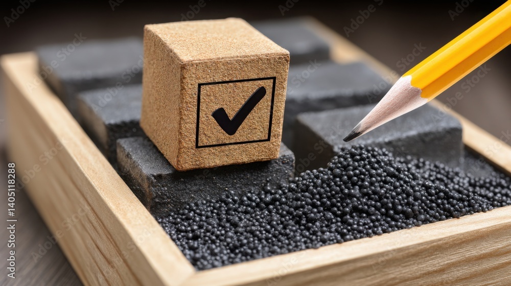Poster wooden block with a pencil and a checkmark icon forming from flying dots creating a unique symbolic 