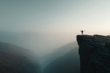 Person steht mit ausgebreiteten Armen am Rand einer Klippe im Nebel

