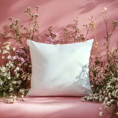 white cushion surrounded by delicate flowers on pink background creates serene and inviting atmosphere. soft textures and colors evoke sense of calm and comfort