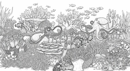 Intricate Line Art of a Coral Reef Ecosystem