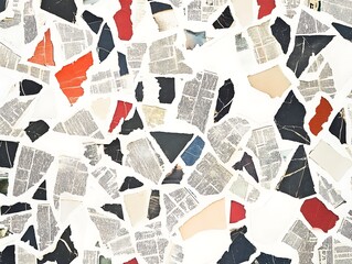 Torn newspaper pieces arranged in a chaotic but artistic pattern, isolated on a white background for scrapbooking and collage projects