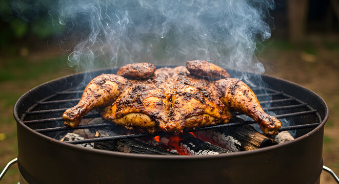 Juicy Spatchcock Chicken Roasting on a Charcoal Grill in Outdoor Setting - Powered by Adobe