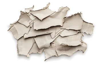 Torn newspaper pieces arranged dynamically, with ragged edges, isolated on a white background, perfect for scrapbooking, collage art, and modern graphic design projects