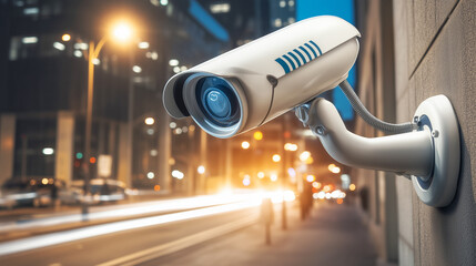 A security camera is mounted on a building, capturing the vibrant activity of a busy urban street at night. The surrounding lights illuminate the scene, adding to the lively atmosphere