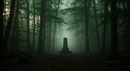 Stone Monument Standing Silently in a Foggy Mysterious Forest Scene
