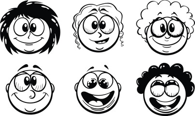 Collection of various cartoon smiley faces with different hair styles and emotions