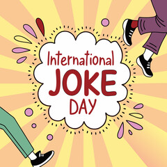 Editable vector background design with bright pop-art elements and comic book text ‘International Joke Day