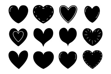 Black Heart Silhouette Icons Vector Set &ndash; Solid Love and Valentine Shape Collection