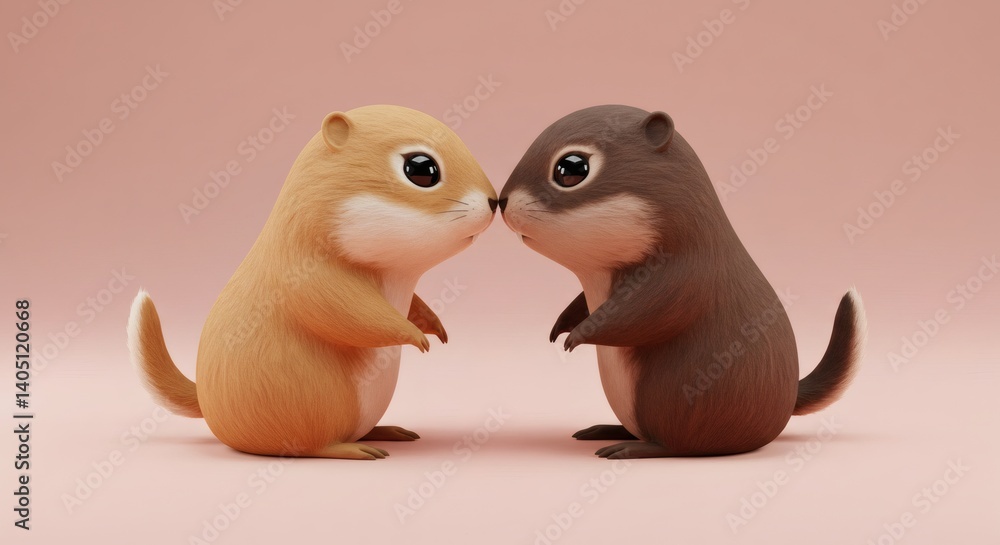 Poster charming 3d rendering of two adorable marmots touching noses on a soft background