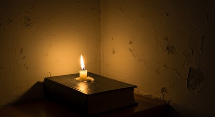 Candle Burning on Book Creating Warm Glow Against Textured Wall