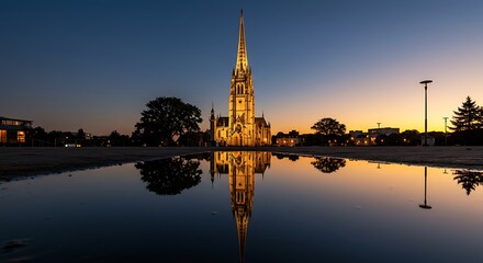 Naklejka premium Church Reflection in Puddle at Dusk with Golden Hour Lighting