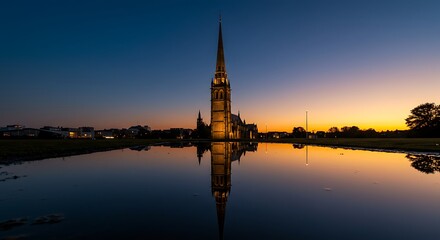 Obraz premium Cathedral Reflection in Water Puddle at Dusk with Clear Sky