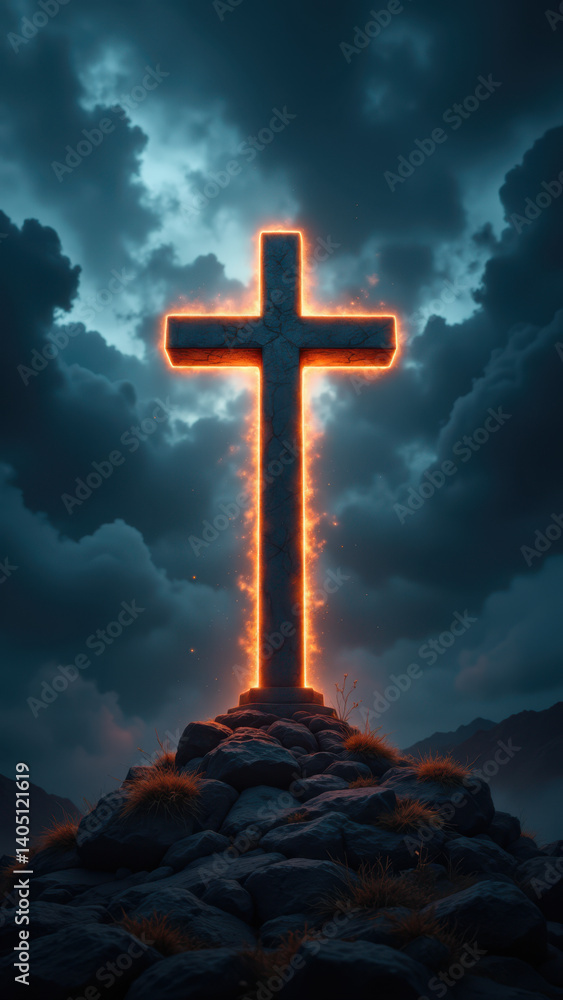 Poster a dramatic illustration featuring a cross in front of a stormy sky with glowing clouds and rays of l