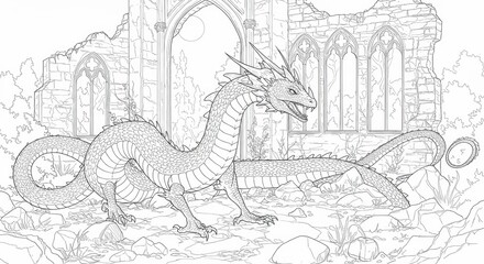 Naklejka premium Basilisk Slithering Through Ruined Castle Line Art
