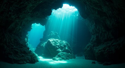 Breathtaking Underwater Cave Scene with Turquoise Light Rays Illuminating Rocks