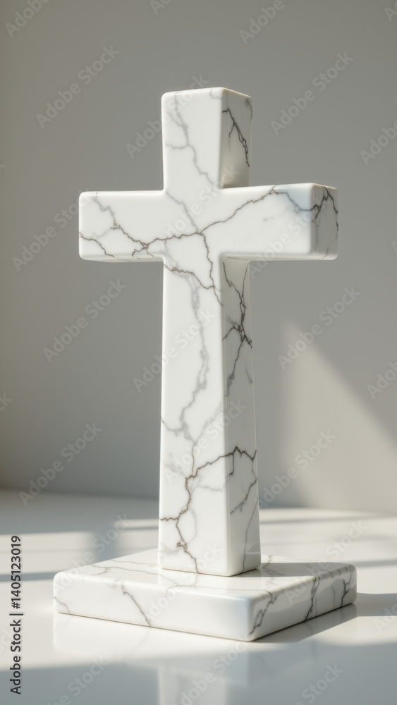 Poster this is a small christian cross statue with marble-like texture on display against a neutral backgro
