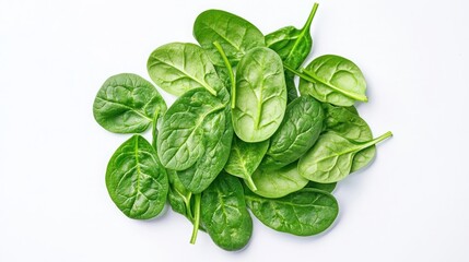 Fototapeta premium Fresh Green Spinach Leaves on White Background – Minimalist Organic Food Photography with Sharp Detail
